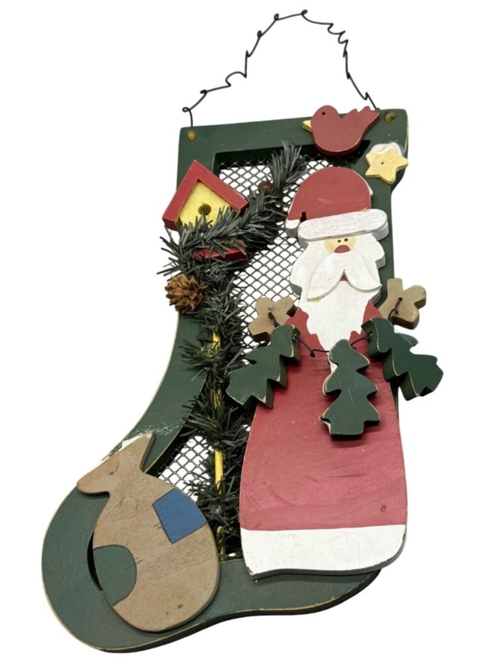 Christmas stocking wall hanging Santa bird house wood metal mess red green READ